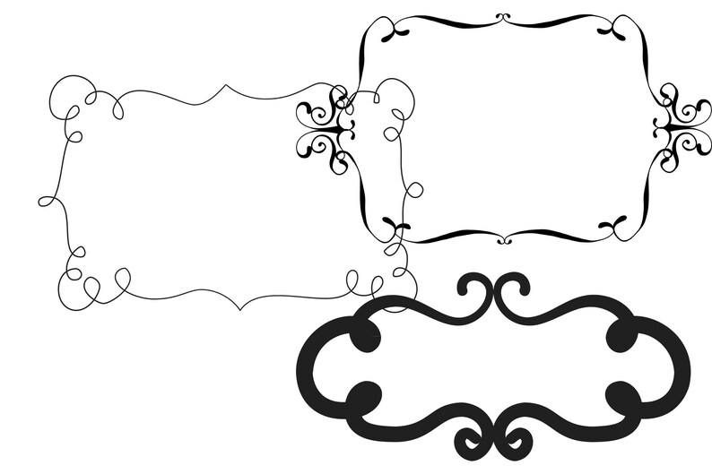 May include: Three black decorative frames with ornate flourishes. The frames are empty and ready to be filled with text or images.