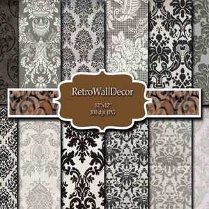 Damask digital paper: &quot;BLACK DAMASK&quot; Damask Floral Scrapbook Paper Shabby Chic Damask Paper Pack 12x12 Buy 2 Get 1 FREE