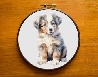 Patrón de punto de cruz de cachorro de pastor australiano, decoración para el hogar (PDF)