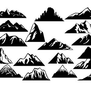 Op de afbeelding: Een set van 16 zwart-wit silhouet illustraties van bergen. De bergen zijn in verschillende vormen en maten, sommige met toppen en andere met afgeronde toppen.