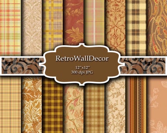 Vintage Autumn Digital Paper: Fall Colors, Plaid & Floral (12x12, Digital Download)