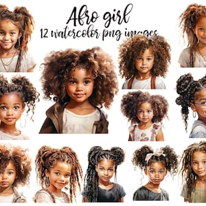 Klein zwart meisje, zwart meisje clipart, meisje illustratie, meisje aquarel, Afro meisje clipart, zwart meisje PNG, afdrukbare kunst Koop 2 Get 1 GRATIS