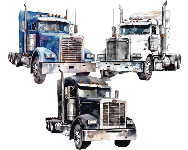 Watercolor Semi Truck Clipart: 14 PNG Images (Digital Download) image 3