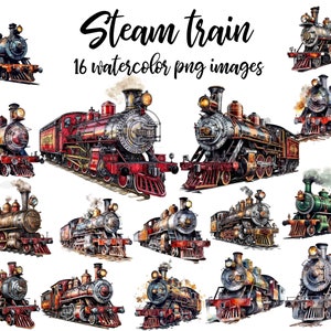 Imágenes prediseñadas del tren de vapor, acuarela del tren, imagen del tren de vapor, cartel ferroviario, PNG de transporte, imagen de transporte ferroviario