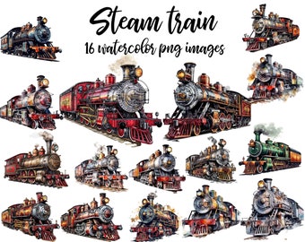 Tren de vapor en acuarela: 16 imágenes PNG (descarga digital)