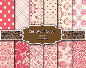 Retro Rot Damask Digitales Papier: Shabby Chic florale Hintergründe (12x12) (Digital Download)