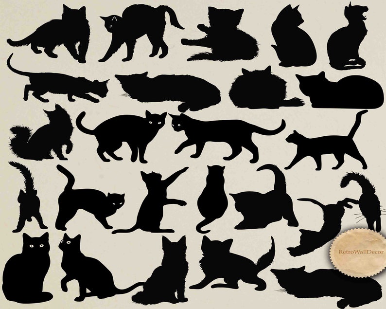 Download Cats Silhouettes Cat Clip Art Animal Silhouette Black Kitty Etsy PSD Mockup Templates