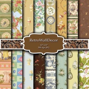 May include: A set of 12 digital paper designs featuring vintage patterns with floral, geometric, and botanical motifs. The papers are 12 inches by 12 inches and 300 dpi. The designs include a variety of colors, including green, blue, brown, and yellow.
