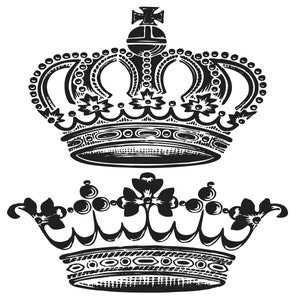 May include: Two black and white illustrations of crowns. The top crown has a pointed top and a rounded base. The bottom crown has a rounded top and a pointed base.