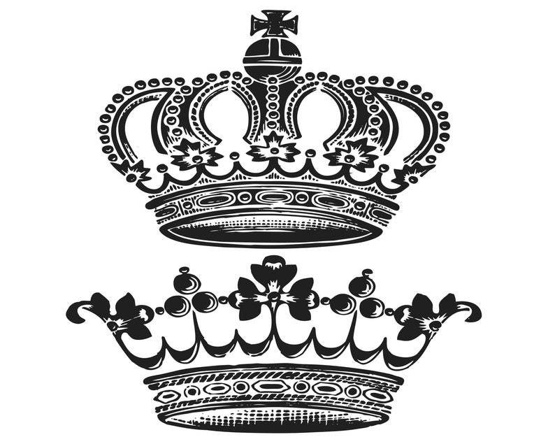 May include: Two black and white illustrations of crowns. The top crown has a pointed top and a rounded base. The bottom crown has a rounded top and a pointed base.