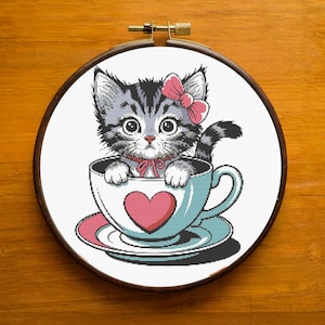 Kitty in the Cup Cross Stitch Pattern PDF, Beautiful Kitty Design for Home Decor, Kitty Cross Stitch Hand Embroidery, Instant Download