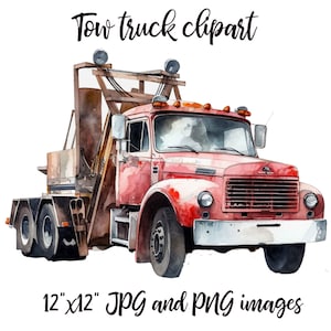 Puede incluir: Un camión de remolque rojo con una plataforma de madera y un marco de metal. El camión tiene un parachoques delantero blanco y una parrilla negra. El camión está sobre un fondo blanco. Imágenes JPG y PNG de 30,5 cm x 30,5 cm.