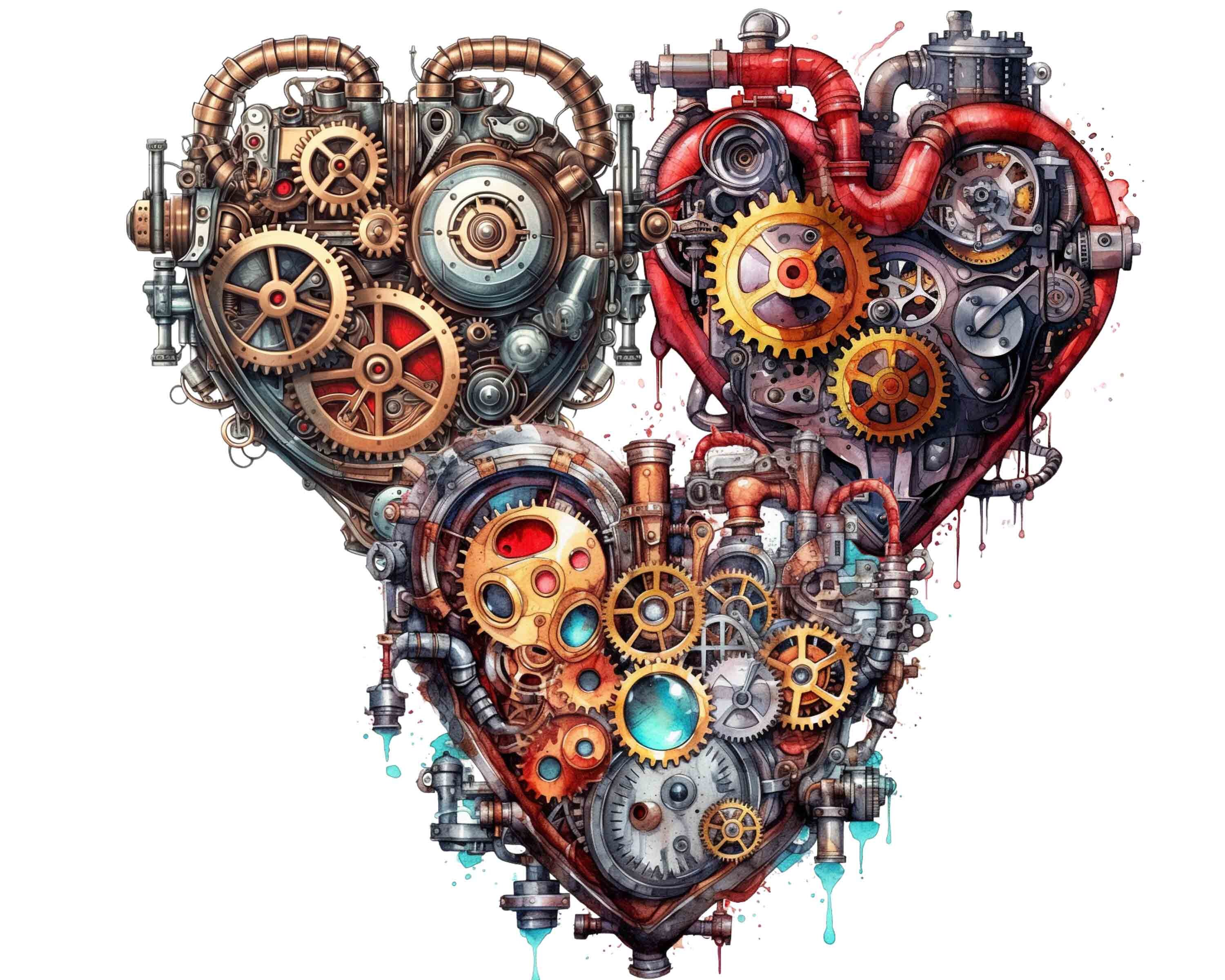 Steampunk Heart Watercolor Clipart: PNG Junk Journal Graphics (digital ...