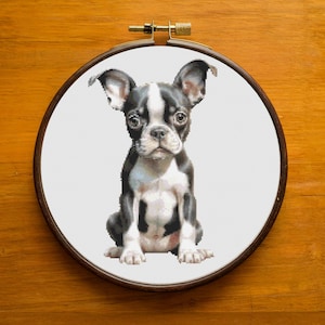 Boston Terrier Cross Stitch Pattern PDF, Beautiful Puppy Design for Home Decor, Terrier Puppy Cross Stitch Hand Embroidery, Instant Download