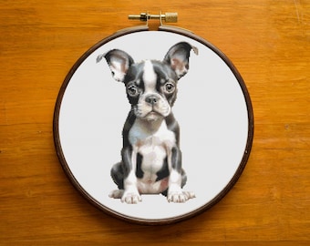 Boston Terrier Puppy Cross Stitch Pattern: Home Decor Embroidery (PDF Download)
