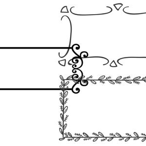 May include: Two black and white decorative frames. The top frame is a simple, curved design. The bottom frame is a more ornate design with a leafy border.