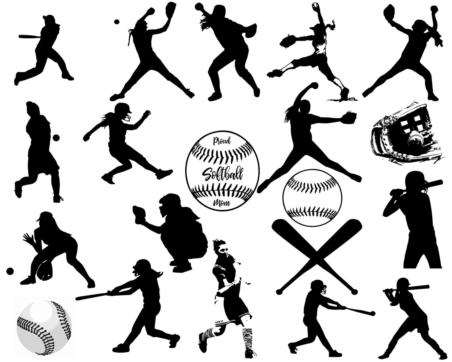Softball Silhouettes Softball Clip Art Sports Silhouette Etsy Australia
