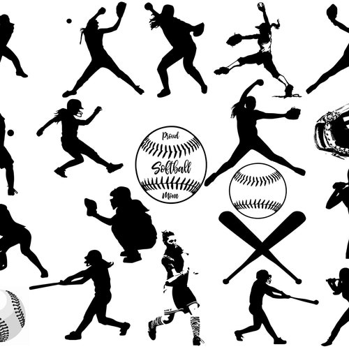 Softball Silhouettes Softball Clip Art Sports Silhouette - Etsy