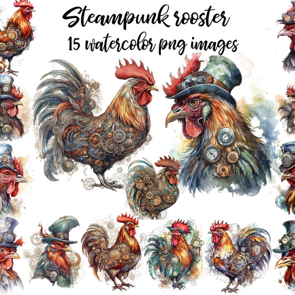 Unique Watercolor Steampunk Rooster Clipart, Vintage-Inspired Digital Artwork, Great for Home Decor Projects