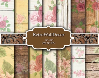 Wood digital papers , roses on wood , chic roses on woodgrain , floral on wood texture , roses and wood Buy 2 Get 1 FREE