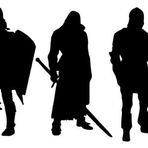 May include: Silhouettes of three figures in medieval armor, one holding a sword, one holding a shield, and one holding a spear.