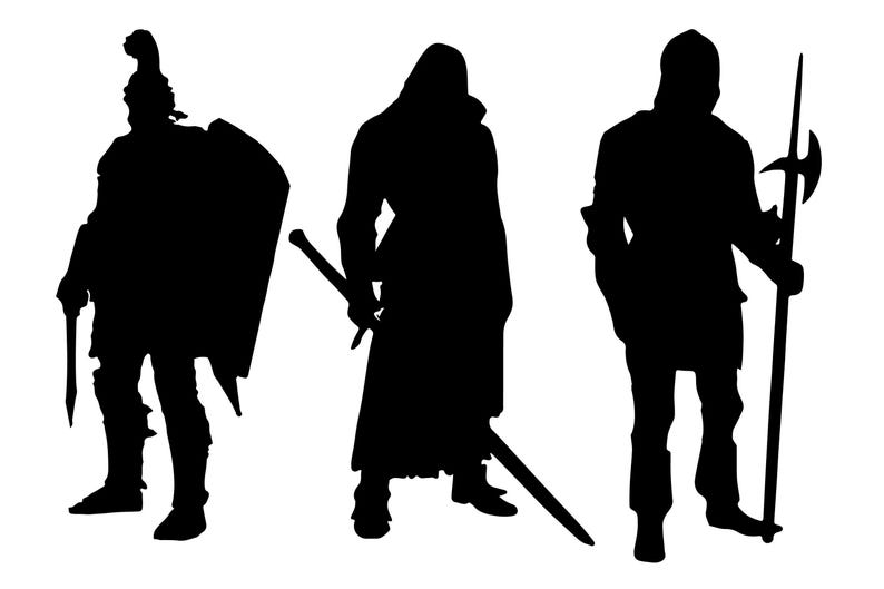 May include: Silhouettes of three figures in medieval armor, one holding a sword, one holding a shield, and one holding a spear.