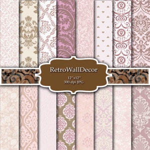 May include: A set of 12 digital paper patterns featuring damask designs in shades of pink, brown, and white. The papers are 12 inches by 12 inches and 300 dpi.
