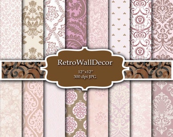 Pink Damask Digital Paper Pack: Vintage Scrapbook Backgrounds (Digital Download)