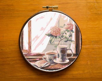 Coffee in Window Cross Stitch Pattern: Floral Home Decor (PDF Pattern)