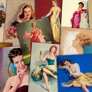 Vintage Vrouwen Portretten, Pin up meisjes, Mid Century portret, retro illustratie, Afdrukbare kunst, Instant Download, Koop 2 Get 1 FREE