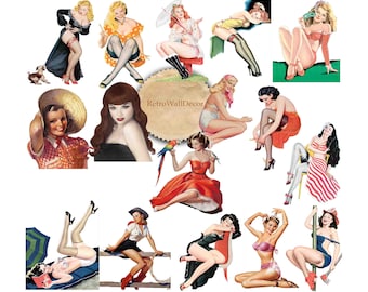 Puede incluir: Un conjunto de 13 ilustraciones vintage de chicas pin-up. Las ilustraciones están en varias poses y atuendos, incluyendo un vestido rojo, un traje de baño azul y un vestido a rayas rojas y blancas. Las ilustraciones son todas en un estilo retro, con colores llamativos y líneas simples.