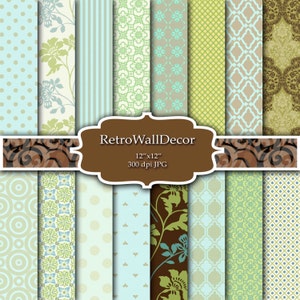 Retro Digital Paper, Geometric Shapes, Retro background, Green Background, Digital shabby chic, Retro geometric Paper 12x12 Buy 2 Get 1 FREE