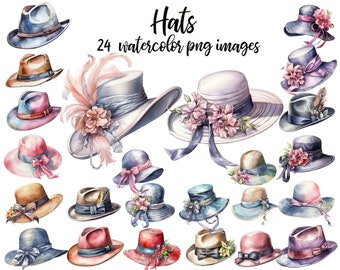 Könnte beinhalten: Ein Set mit 24 Aquarell-Illustrationen von Hüten. Die Hüte sind in verschiedenen Stilen und Farben, darunter Blau, Rosa, Braun und Weiß. Einige Hüte haben Blumen, Bänder oder Federn. Der Text "Hats 24 watercolor png images" ist oben im Bild in Schwarz geschrieben.