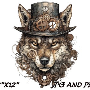 Pode incluir: Um lobo castanho e cinza usando um chapéu-coco preto com engrenagens e detalhes de relojoaria. Os olhos do lobo são amarelo brilhante. A imagem mede 30,48 cm por 30,48 cm e está disponível nos formatos JPG e PNG.