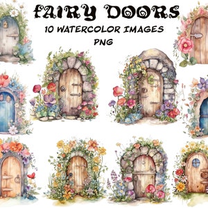 Imágenes prediseñadas de puertas de hadas, imágenes prediseñadas de acuarela, casa de hadas, cabaña mágica, puertas de hadas PNG Compre 2 Obtenga 1 GRATIS