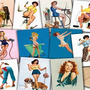 ヴィンテージ女性の肖像画、ピンナップガール、ミッドセンチュリーの肖像、レトロなイラスト、50年代のイメージ、1950年代のライフスタイル、印刷可能なアート、2つ買うと1つ無料