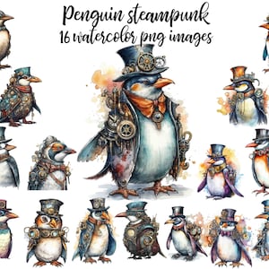 Pingüino Steampunk, imágenes prediseñadas de acuarela, pingüino Steampunk PNG, imágenes prediseñadas de pingüino, pingüino acuarela, cartel de pingüino Compre 2 y obtenga 1 GRATIS
