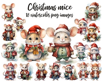 Watercolor Christmas Mouse Clip Art: 18 PNG Images (Digital Download)