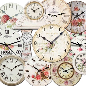 May include: A collection of ten vintage-style wall clocks with Roman numeral faces and floral designs. The clocks have a distressed white background with black hands and black Roman numerals. Some of the clocks have the words "Home is where the heart is" and "Rise and Shine" printed on them.