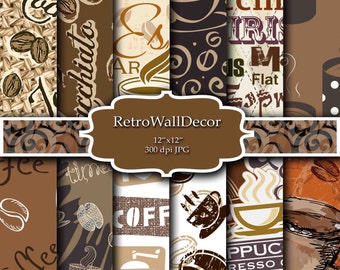 Coffee digital paper: "COFFEE TIME" digital backgrounds in brown and cream with coffee illustrations, Buy 2 Get 1 FREE