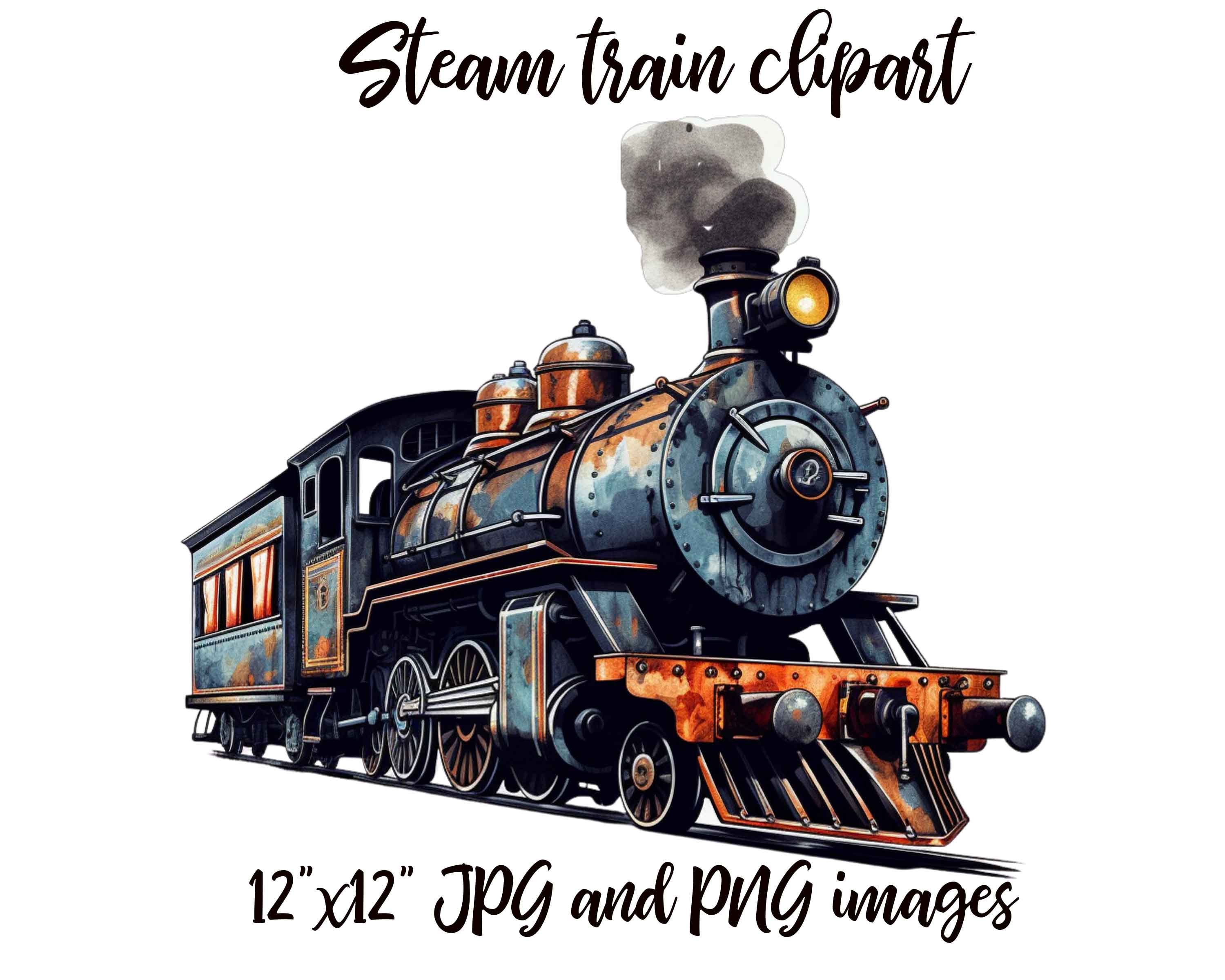 水彩蒸気機関車のクリップアート：ヴィンテージ列車の画像（PNG、JPG