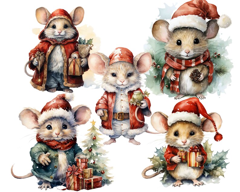 Watercolor Christmas Mouse Clip Art: 18 PNG Images (digital Download ...