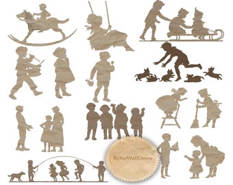 Vintage Children Silhouettes Clip Art: Paper Ephemera (Printable Art)