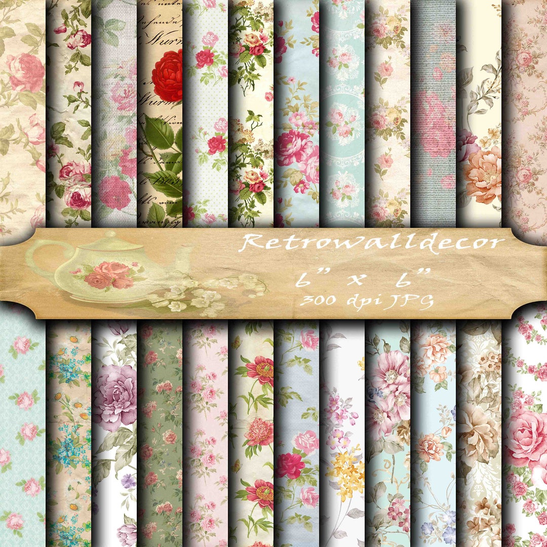 Floral Digital Paper Pack: Shabby Chic Rose Backgrounds (6x6) (digital ...