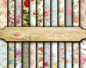 Pacchetto di carta digitale floreale: sfondi di rose shabby chic (6x6) (download digitale)