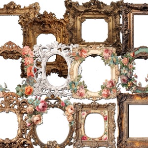 May include: A collection of ornate gold and white picture frames with floral embellishments. The frames are arranged in a random pattern and are all different sizes and shapes.