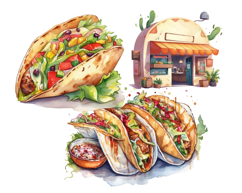 Tacos Watercolor Clipart Set: Food Illustrations (PNG Digital Download ...
