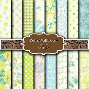 Floral Digital Paper Shabby Chic Papers Floral Patterns Floral background Vintage Paper yellow green and blue Paper 12x12 Buy 2 Get 1 FREE
