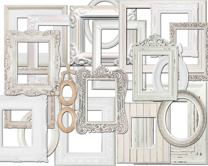 Vintage White Frames Clipart, Shabby Chic Frames (Digital Download) image 1