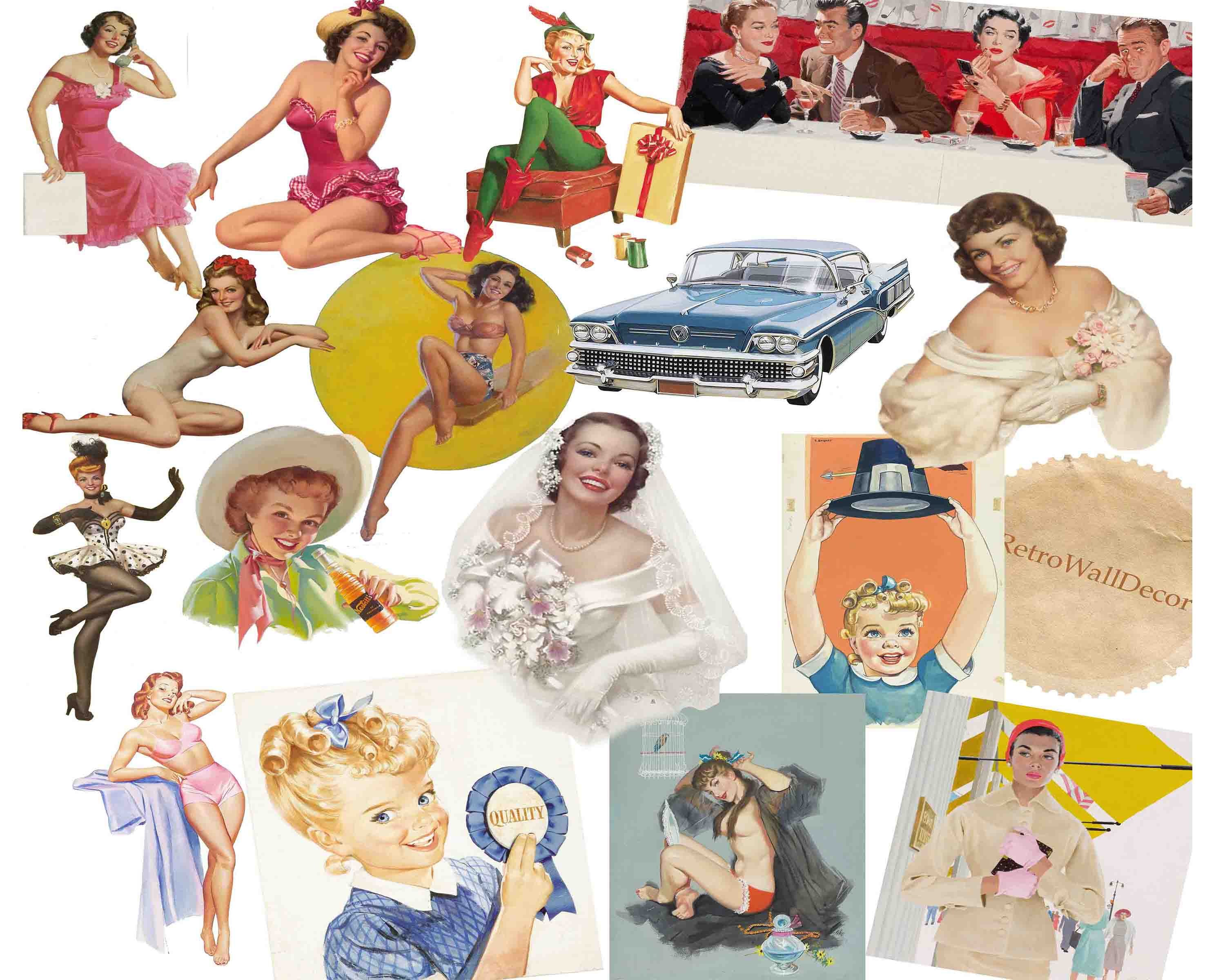 レトロなピンナップガールのクリップアート：1950年代のエフェメラ